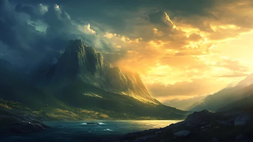 Sunlit mountain sanctuary glowing above a quiet blue lake.