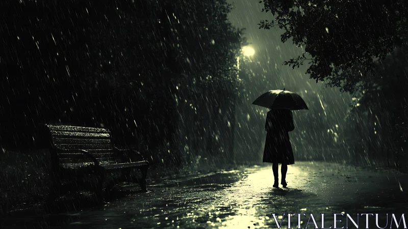 Solitary figure under umbrella in cinematic night rain.