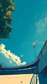 Sunlit empty stadium under deep cyan summer sky.