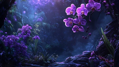 Purple orchids in glowing fantasy forest at night.