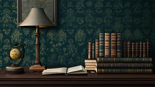 Study desk with lamp, globe and stacked leather books.