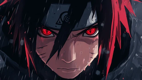 Fierce red eyed ninja stares ahead through driving rain