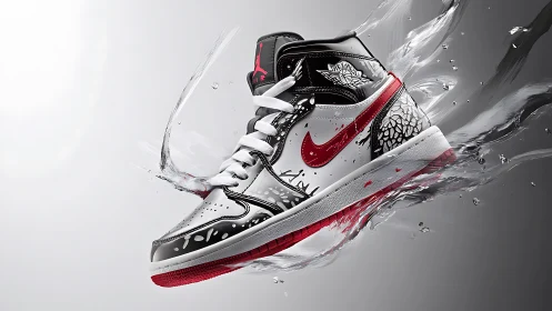 High-contrast basketball sneaker splashes through liquid impact.