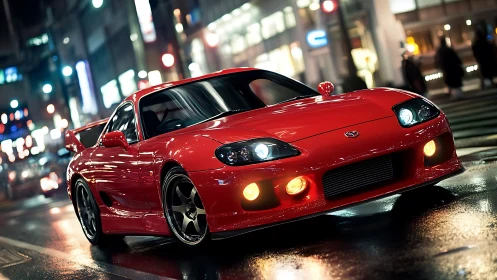 Red tuned sports car on wet city street at night.