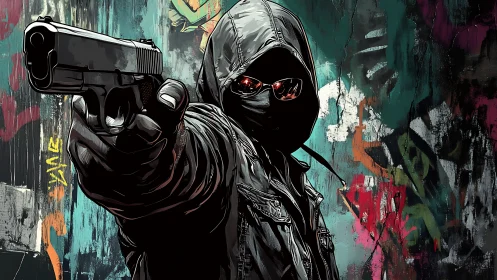 Masked gunman in hooded jacket against graffiti wall.