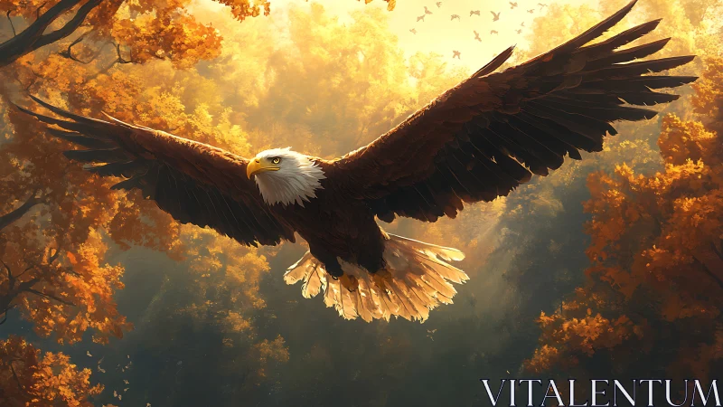Majestic Bald Eagle Soaring Over Autumn Forest in Dramatic Light.