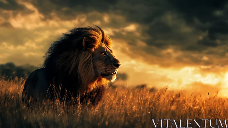 Majestic lion resting in golden savanna sunset light.