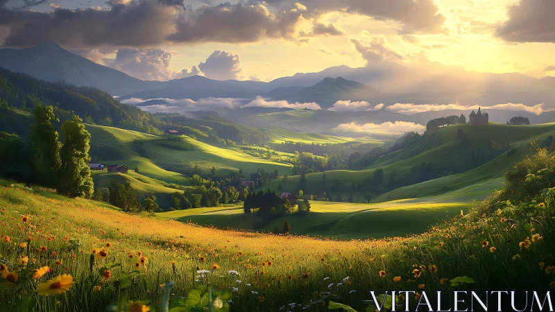 Sunlit hills, distant mountains and layered valley fields