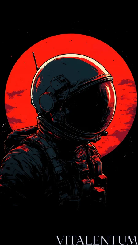 Solitary astronaut silhouette before a blood-red lunar disc.