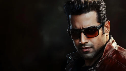Cinematic portrait of man in sunglasses with leather jacket