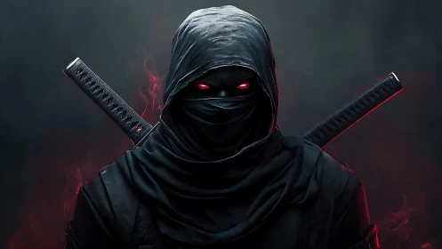 Stealth cyber ninja with dual katanas and glowing red eyes.