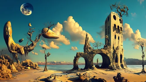 Surreal desert ruins with melting forms and lunar skyscape.