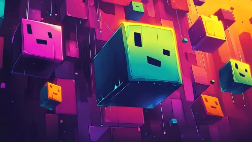 Cheerful neon cubes drift playfully through a glowing skyline