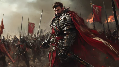 Armored warlord leading crimson-bannered medieval host