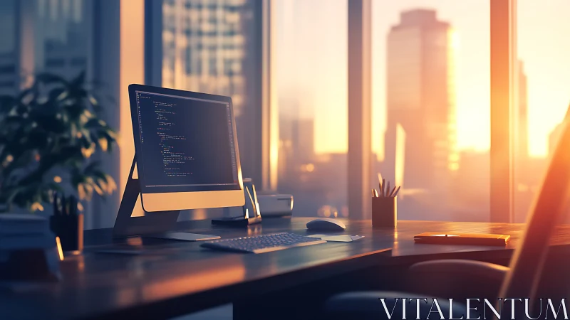 Modern programmer desktop in warm sunset office light.