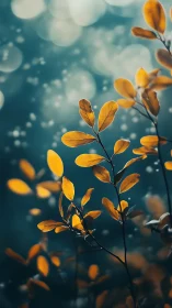 Golden autumn leaves glow softly against teal bokeh light.