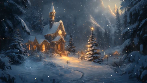 Snow-covered chapel with glowing Christmas lights at dusk.