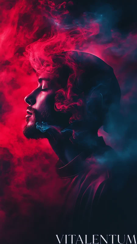 Portrait in neon smoke with dual-tone cinematic lighting.