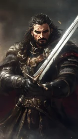 Bearded armored warrior grips longsword in dramatic pose