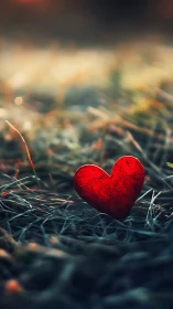 Red Heart Among Grass, Subtle Bokeh.