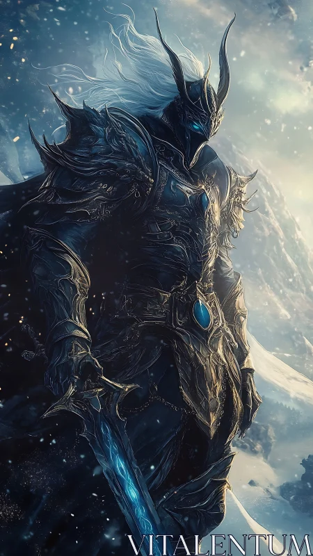 Icebound dark knight with glowing blade on frozen ridge.