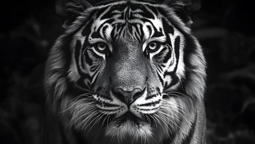 High-contrast monochrome frontal portrait of adult tiger