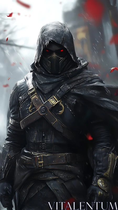 Hooded masked assassin in dark armor with glowing red eyes.