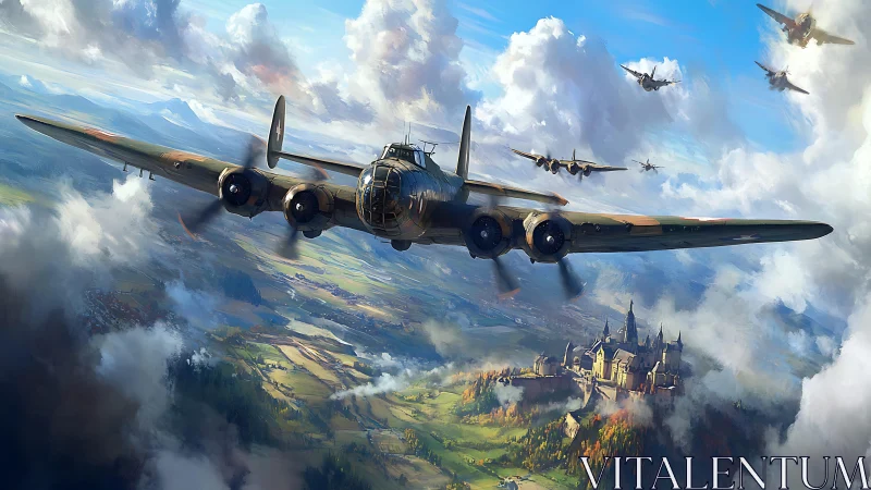 Warbird armada glides above sunlit valleys and distant citadel.