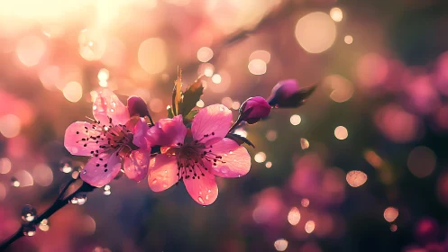 Pink blossoms dance in golden light. Ethereal.