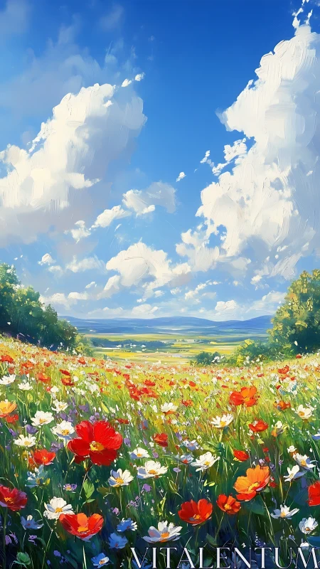 Wide-angle meadowscape with impasto wildflowers and cumulus clouds