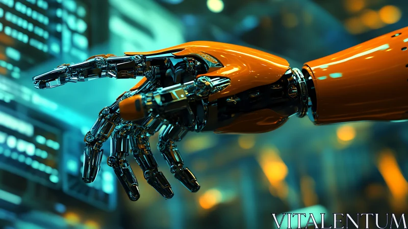 Chromed robotic hand extends toward holographic control arrays