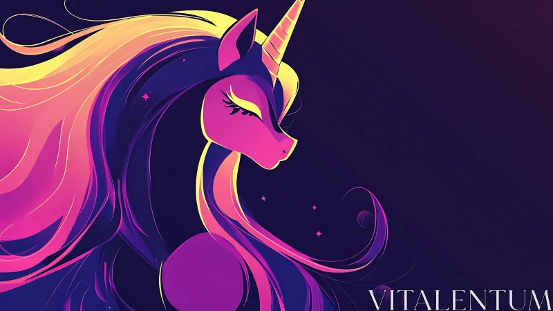 Neon unicorn profile glows against a dreamy cosmic night.