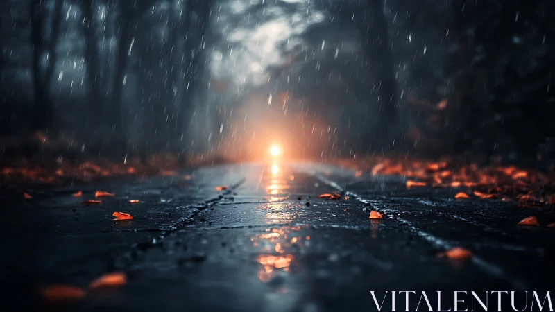 Rainy forest road glows under distant warm headlight beam.