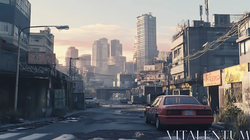 Post-apocalyptic city street with decayed low-rise blocks and hazy megatowers