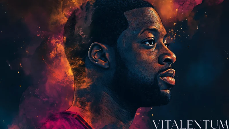 Vibrant cosmic portrait of a thoughtful man in warm light.