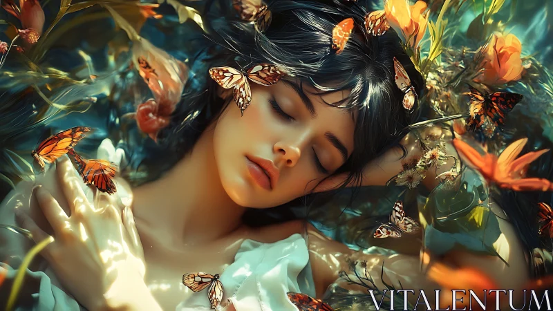 Sleeping woman lies among butterflies and bright flowers