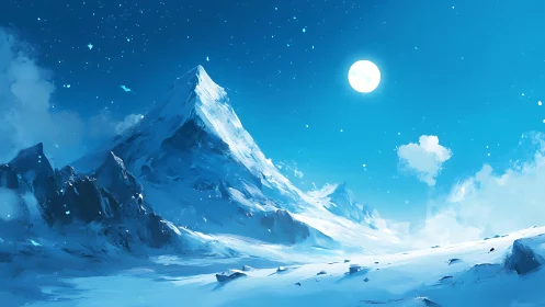 Digital painting of lunar-lit alpine peak in polar blue palette.
