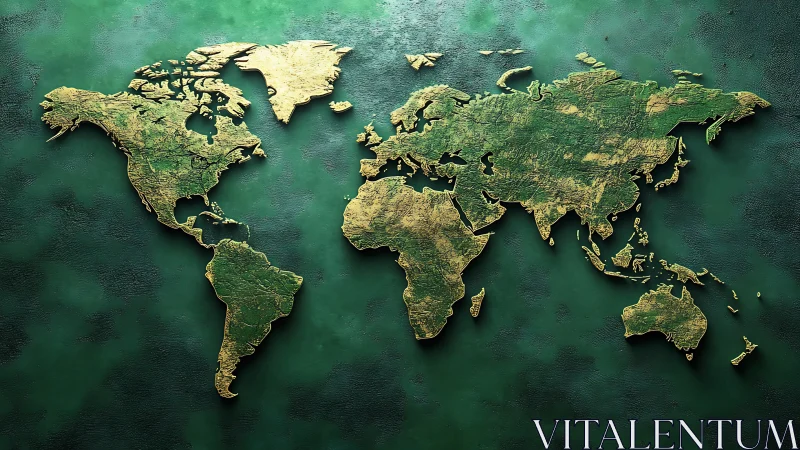 Gold embossed world map relief is displayed on green surface