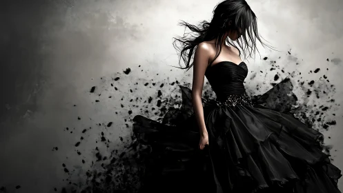 Dark-haired woman in dissolving black gown embodies stormy elegance