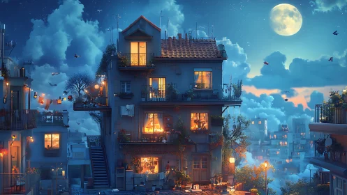 Cozy moonlit apartment block floating in a dreamy sky.