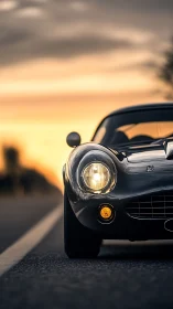 Sunset highway portrait of classic sports car front profile.