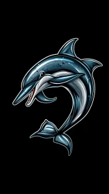 Stylized metallic dolphin illustration on black background.