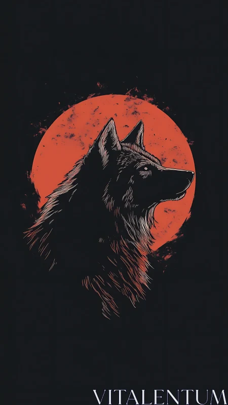 Wolf profile silhouette against textured red circular backdrop.