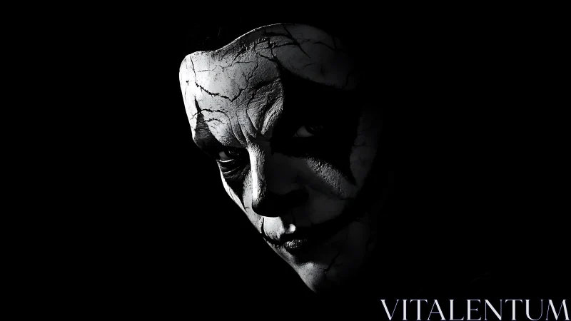 Monochrome portrait shows cracked clown makeup in shadow