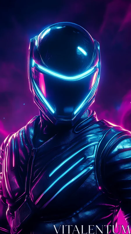 Neon-lit cyber helmeted rider stands in chromatic vapor glow