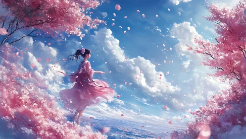 Girl in pink dress under cherry blossoms and bright sky.
