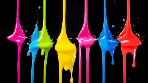 High-gloss CMYK neon paint drips on black studio background