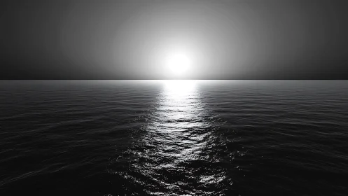 Monochrome ocean horizon with high-contrast specular sunset rendering