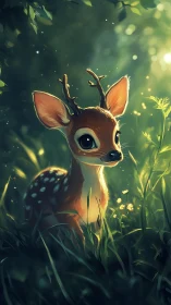 Digital painting of a luminous woodland fawn in soft bokeh light.