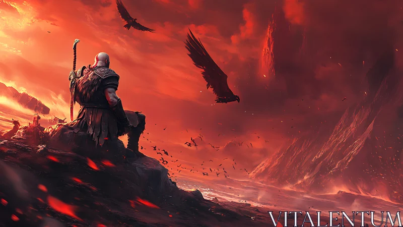 Warrior overlooks burning volcanic wasteland beneath circling ravens